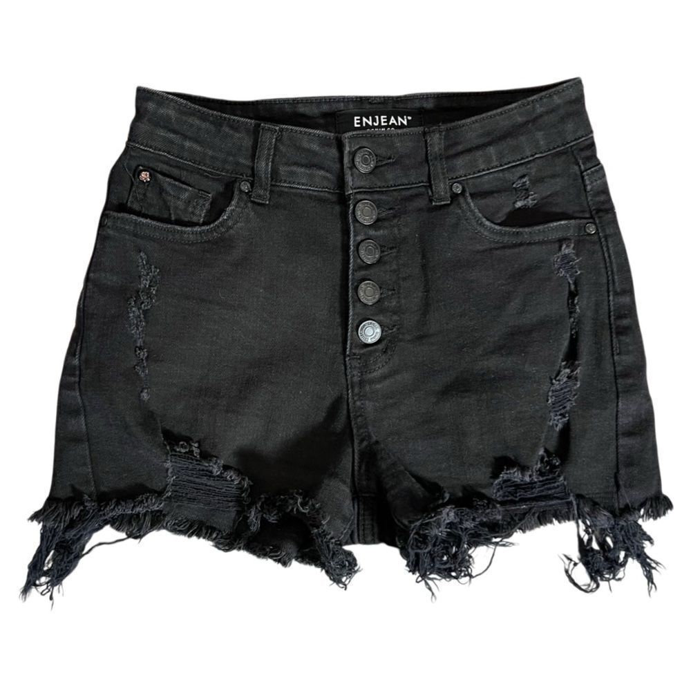 ENJean high waist frayed bottom distressed jean shorts Black Size Small